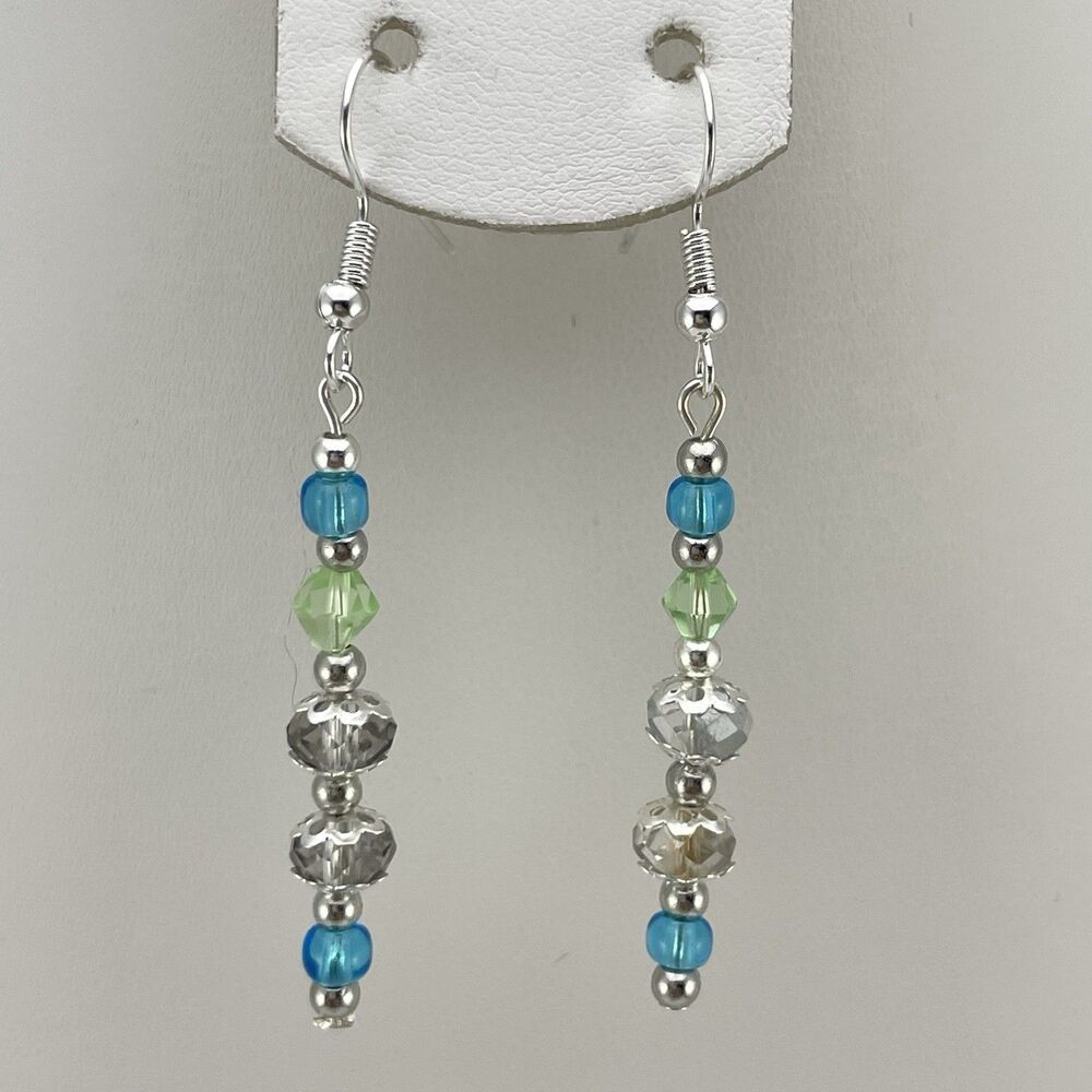 Artisan Handmade Blue Green White Glass Beaded Dangle Earrings Silver Tone